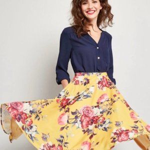 Modcloth Yellow Floral Circle Skirt with Pockets